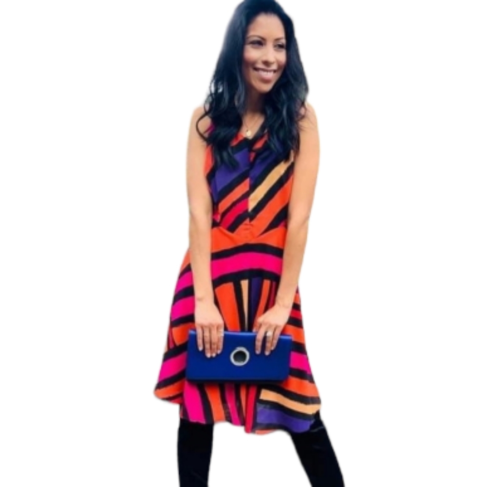 NWOT CAbi pink orange purple & black color block fete dress Womens Small - Picture 4 of 8